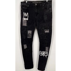 Rutherford Skinny Fit Jeans Mens 34 Distressed‎ Graffiti Patches Streetwear Bold